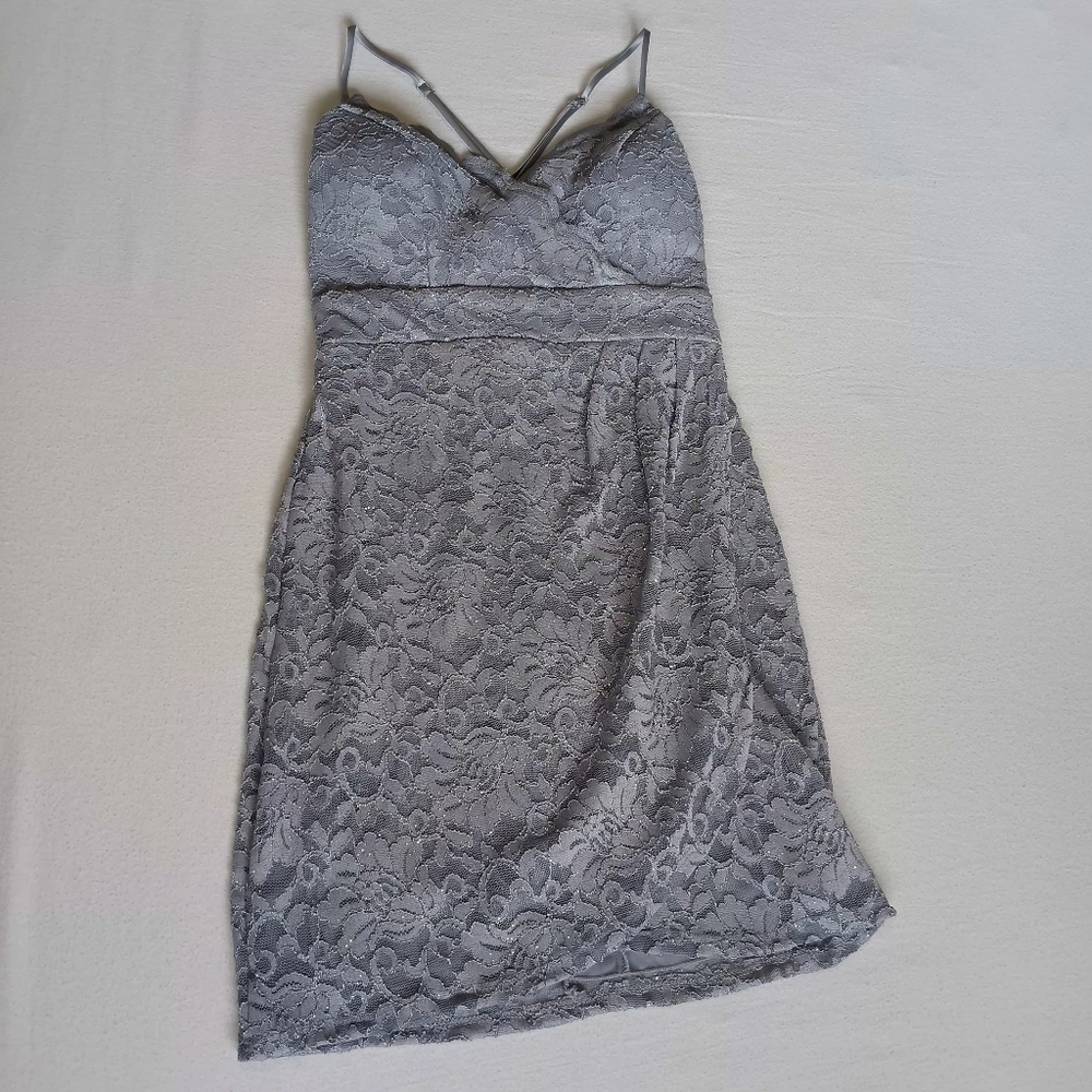 Pear Culture Gray Lace Sparkly Mini Dress Sweetheart Sz L Cocktail NYE Dance